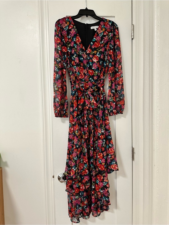 Chaus Dresses & Skirts - Chaus Black Floral High-Low Wrap Dress with Pink & Red Blooms